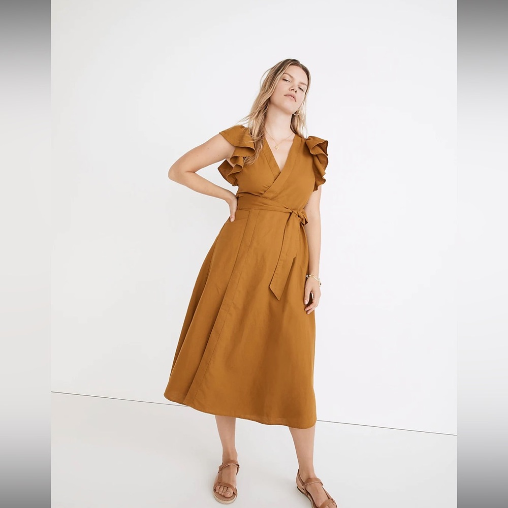 Madewell linen ruffle sleeve wrap midi dress NWT Mustard Ochre